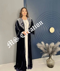 SALE Velvet Moroccan Dubai Kaftan Farasha Abaya Dress Very Fancy Long Gown MS473 - Picture 1 of 5