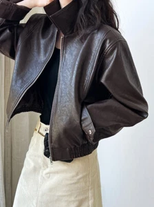 Retro Brown Leather Jacket Womens Autumn Zipper PU Lapel Motorcycle Short Jacket - Picture 1 of 23