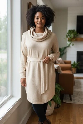 Vestido Suéter Emily Daniels Para Mujer XL Cinturón Marfil Dorado Motas Capucha Cuello Foto 1 de 4