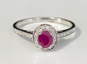 9K White Gold W/ Ruby & Diamond Halo Ring Size O - 7 1/4 - Picture 1 of 8