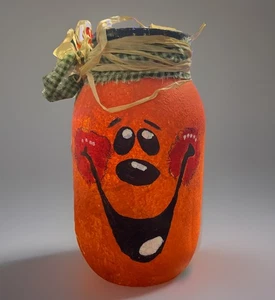 VTG Halloween Pumpkin Glass Handpainted Candle Holder Mason Jar - Picture 1 of 4
