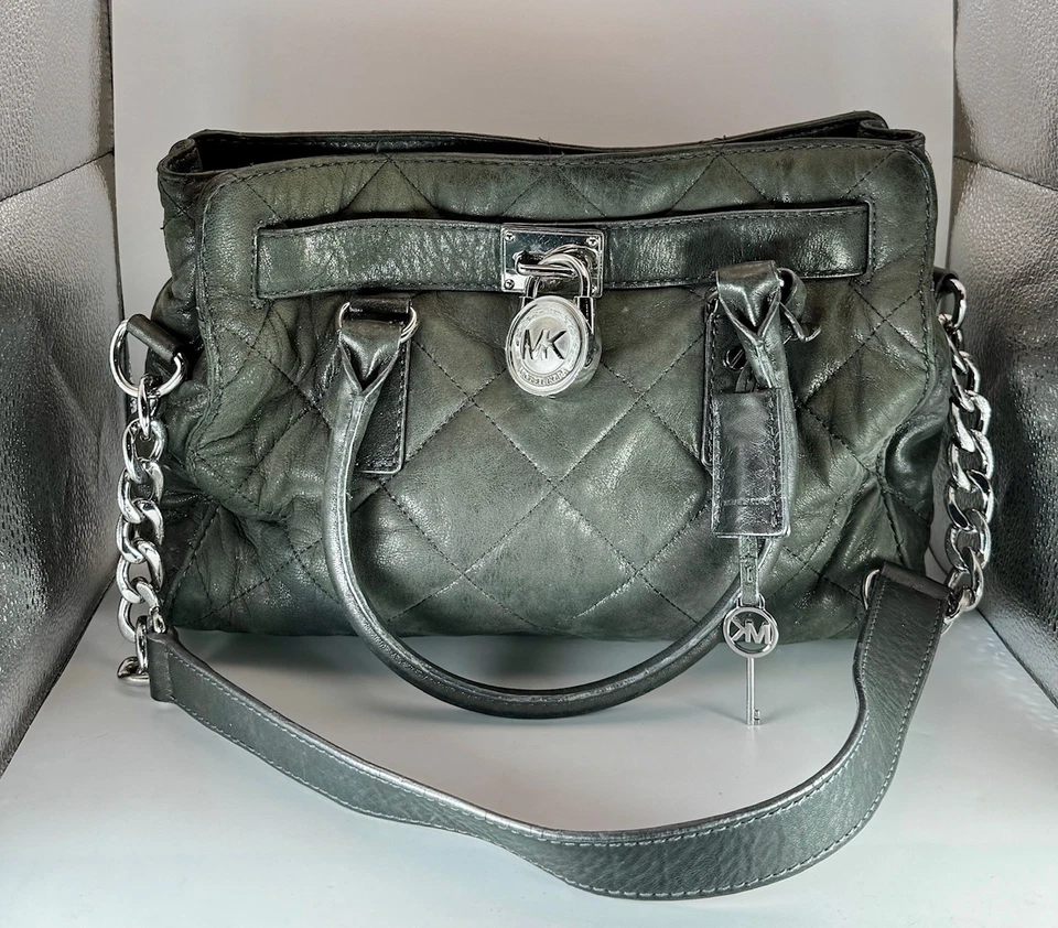 Michael Kors Hamilton Quilted Gun Metal Leather Tote Shoulder Bag w/ Lock & Key - Image 1 of 4