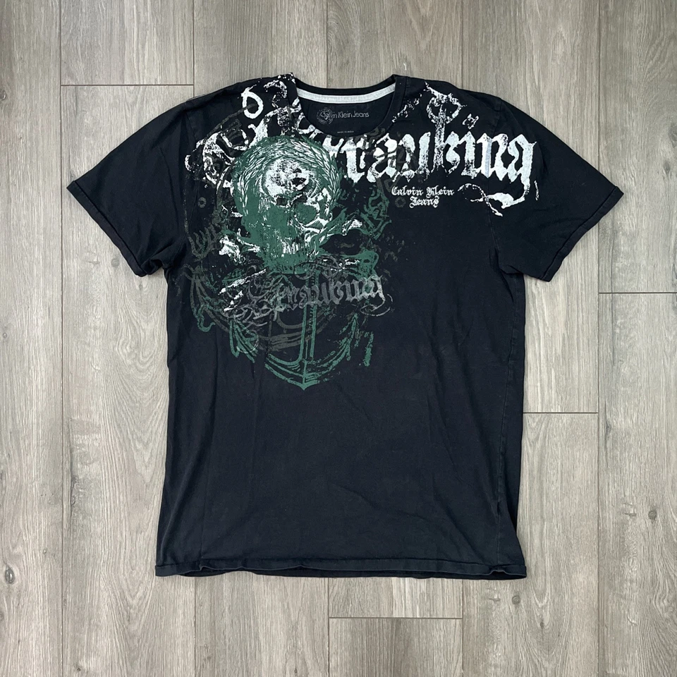 Calvin Klein Jeans Mens L T Shirt Black Y2K Style Graphic Gothic - Image 1 of 4