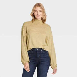 NWT Women's Long Sleeve High Neck Smocked T-Shirt Light Green XS & L - Picture 1 of 7