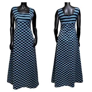 Vintage 70s Uschi Modell Size 42 Blue Black Checker Empire Waist Mod Maxi Dress - Picture 1 of 12