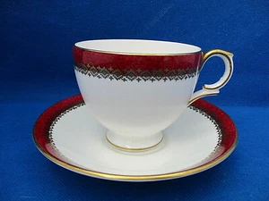 Footed Cup & Saucer Crown Staffordshire BORDEAUX Gold Diamonds Trim Red Band EUC - Picture 1 of 4
