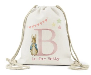 Personalised Drawstring Bag, Girls Peter Rabbit, Name, Nappy, Nursery, P.E Bag, - Picture 1 of 1