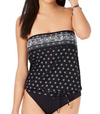 Топ-танкини Michael Kors с цветочным узором свободного покроя с эластичным подолом бандо, черный, S - Изображение 1 из 2