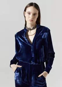 $298 NEW Lanhtropy Nikka Women's Small Silk Velvet Sleeve Sleep Shirt Blue - Picture 1 of 8