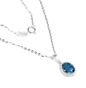 Irradiated Natural London Blue Topaz 8x6mm White Topaz 925 Silver Necklace - Picture 1 of 3