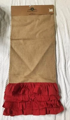 Gardeners Eden Christmas Table Runner 100% Burlap 16 X 72” Red Fringe New - Image 1 of 4