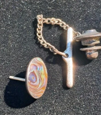 Vintage silver tone Abalone Shell Tie Tac with Chain. From Closed Antique Store - Image 1 of 4