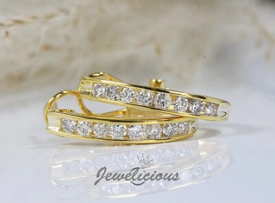 14K Yellow Gold 1 CT Natural Diamonds Channel Set Omega Hoop Earrings - Image 1 of 4