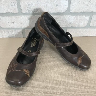 Rieker Leather Mary Jane Shoes Women EU 39 US 8 Brown Flower Design Comfort - Image 1 of 4