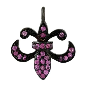 Womens Fleur-de-Lis Pendant Sterling Silver Pink Sapphire Medieval Charm Jewelry - Picture 1 of 7