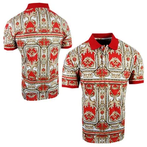 Mens Polo Shirt Red Luxury Gold Leaf Floral Paisley Slim Fit Stretch Golf Casual - Picture 1 of 6