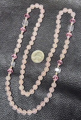 Collar de cuentas de plata de ley de cristal de cuarzo rosa de 8,5 mm de colección 32" Foto 1 de 4