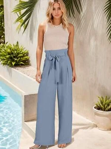 Womens Wide Leg Palazzo Pants Belted High Waisted Business Casual Long Trousers - Picture 1 of 12