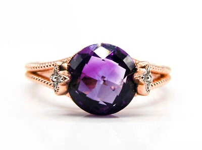 14K Rose Gold Amethyst and Diamond Accent Ring Split Shank Twisted Rope Design - Image 1 of 4