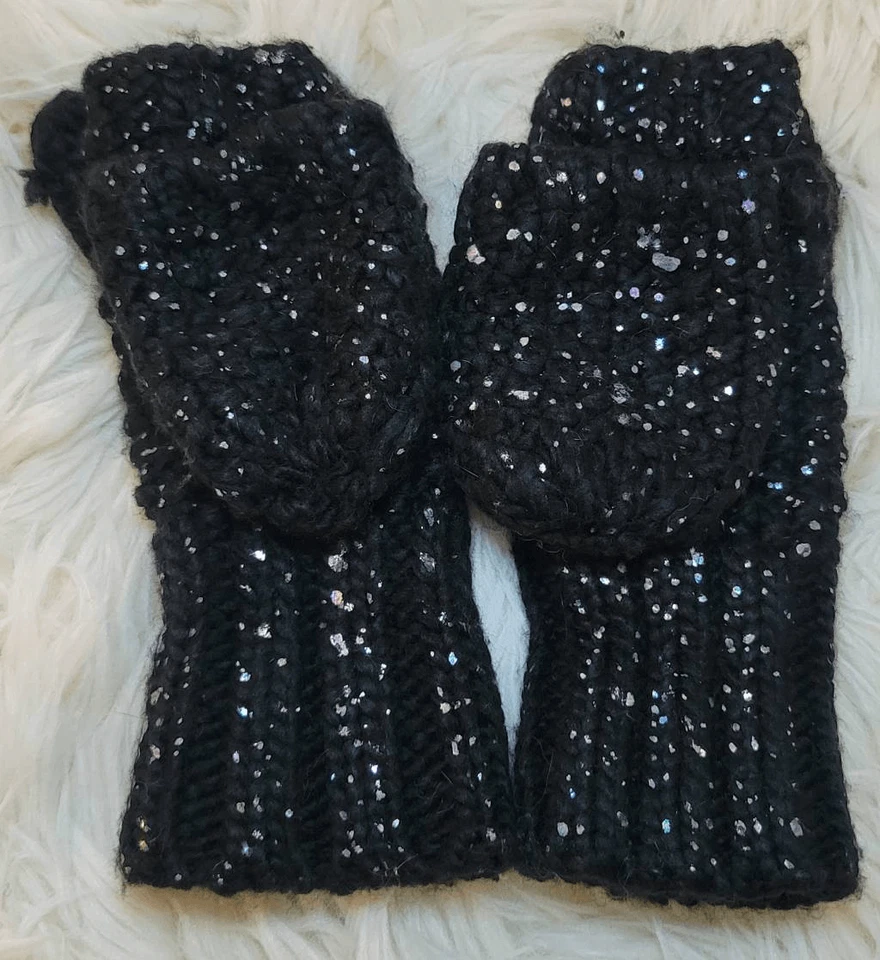 Mitones de dedo abiertos traseros con botones brillantes negros azul marino antiguos tejidos acrílicos niño S-M Yo Foto 1 de 4
