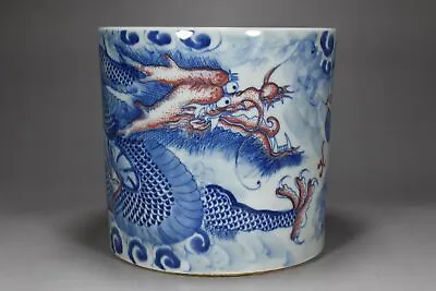 7.1  Antique Qing Dynasty Porcelain Kangxi Mark Blue White Red Dragon Brush Pot • 326.80$