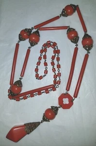 Antiguo Collar Neiger Art Deco Coral Vidrio Checo Egipcio Real Sautior 38.5" - Imagen 1 de 9