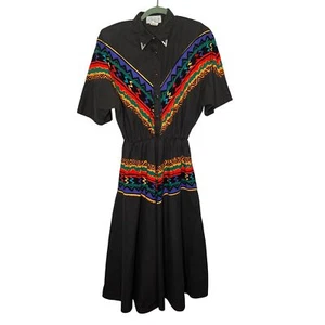 VTG Lilia Smith Western Dress Black Aztec Print Cowgirl Rodeo Rockabilly 13/14 - Picture 1 of 11