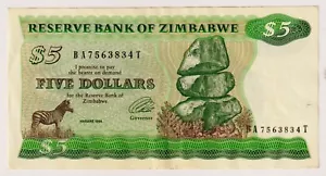 ZIMBABWE $5 (1994) P-2e, Sign 3 Watermark A -Circulated - "BA 7563834 T" - Picture 1 of 4