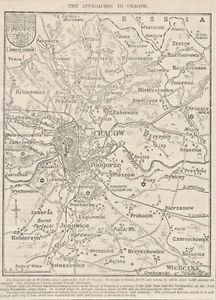 Mapa de periódico de la Primera Guerra Mundial de 1914 que muestra los avances rusos en Cracovia Polonia Cracovia - Imagen 1 de 1
