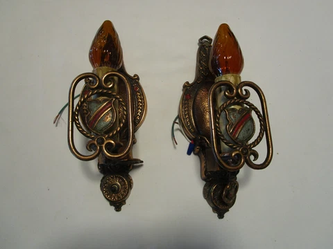 ANTIQUE set 2 1920s TUDOR SHIELD CAST IRON copper plated polychrome WALL SCONCES Cover