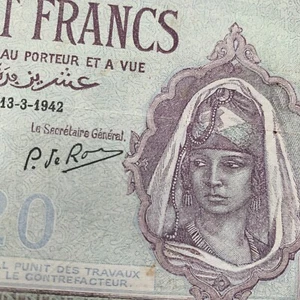 WW2 era Currency RARE 1942 Banque De L'Algerie TUNISIA 20 Vingt Francs Banknote - Picture 1 of 9