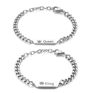 2PCS Men Women King Queen Matching Bracelets Stainless Steel Couple Wedding Gift - Picture 1 of 12