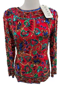 Black Tie Oleg Cassini Beaded Top Sequined Formal Red Blouse Size Small Vtg 80s - Picture 1 of 12