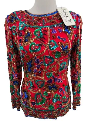 Blusa Negra Corbata Oleg Cassini Cuentas Top Lentejuelas Formal Roja Talla Pequeña De Colección Años 80 Foto 1 de 4