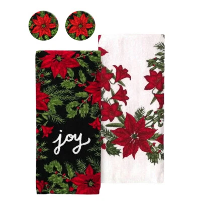 REX AND ROVER Christmas Kitchen Towels Joy Holiday Dishtowel Poinsettia and Fridge Magnets NEW