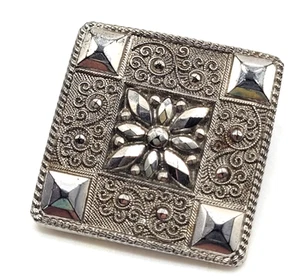 Silver Luster Black Glass Antique Button Flower Cut Steel Victorian Fashion Lrg - Picture 1 of 15