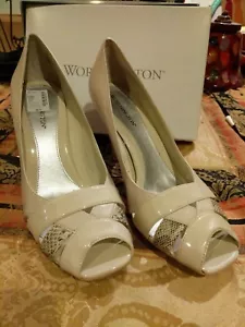 NWOB Worthington 10M Ivory/Bone Smooth/Patent Lea 3.5" Heel PEEP TOES Pump Shoe - Picture 1 of 4
