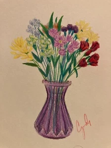 colored pencil drawing  flowers in purple vase - Picture 1 of 3