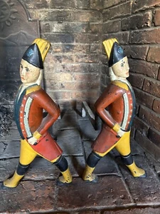 Antique Fireplace Andirons Firedogs Painted Hessian Soldiers 17” Cast Iron Pair - Picture 1 of 12