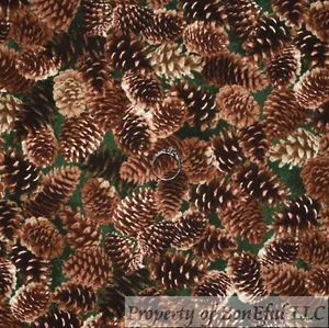 BonEful Fabric FQ Cotton FLANNEL Green Brown Pinecone Tree Xmas Winter Scenic UK - Picture 1 of 12