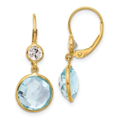 14K Yellow Gold Polished Blue and White Topaz Leverback Dangle Earrings - Image 1 of 4
