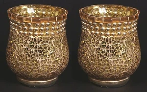 Vase Mosaic Glass Cup Pearl Border Gold 3"Pillar-Candle 4"Dia 5"High Set of 2 - Picture 1 of 4