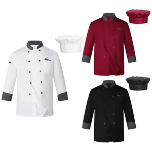 Mens Womens Chef Coat Jacket Double-Breasted Kitchen Restaurant Uniform with Hat - Picture 1 of 47