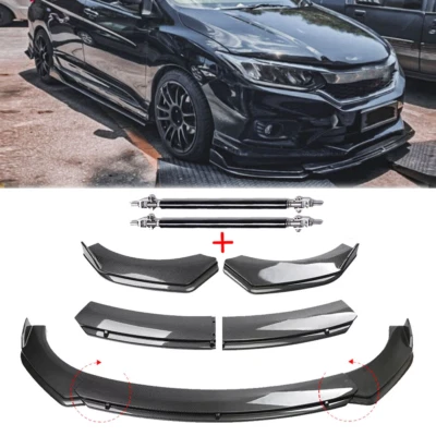 Carbon Fiber Style Front Bumper Lip Spoiler Strut Rod For Honda City 2010-22 Foto 1 de 4