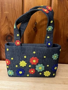 Vintage Swee Lo Purse Multicolor Floral Snap Double Handles Beaded denim mini - Picture 1 of 8