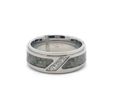 Gris Carbono Fibra Incrustación Acero Inoxidable 8mm Diamante 0.09 Ctw Banda Aro - Imagen 1 de 4