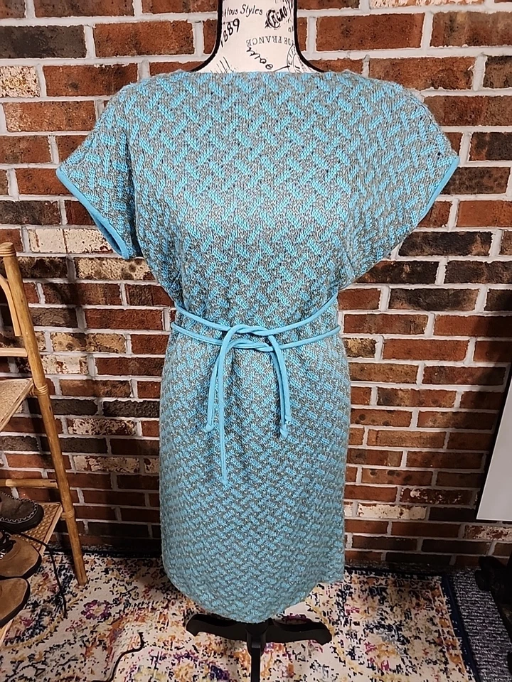Vestido Suéter Vintage Años 70 Azul Turquesa Manga Corta Mediados de Siglo Damas  Foto 1 de 4