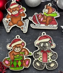Vintage Bear Christmas Ornaments Set of 4 Skating Sledding Drummer - Picture 1 of 7