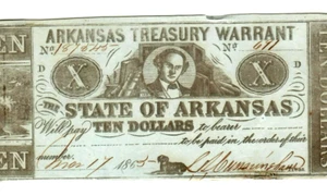 $10 "ARKANSAS TREASURY WARRANT" 1800'S (RARE) $10 "ARKANSAS" (UNCIRCULATED)!!!! - Picture 1 of 3