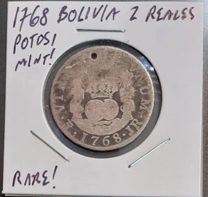Moneda de 2 Bits 1768 Potosí BOLIVIA 2 Reales RARA Plata Pirata Colonial Española - Imagen 1 de 4